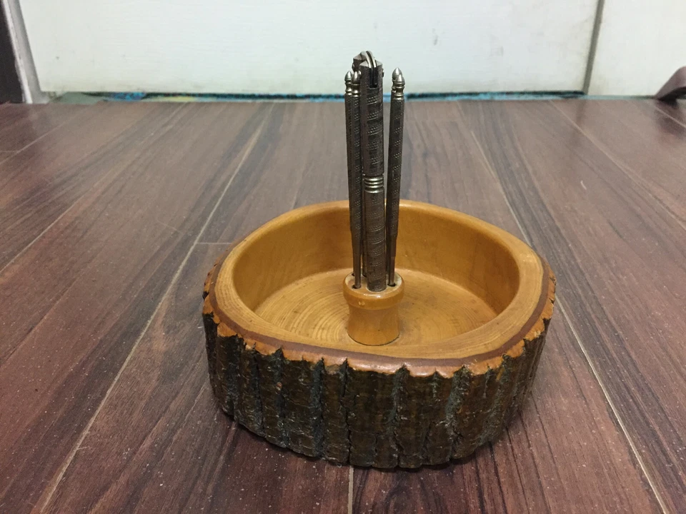 Vintage Ellwood Handmade Rusticware Wood Bark Nut Bowl with Nutcracker and Picks - Image 1 of 4