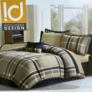 Intelligent Design Twin Navy Blue & Taupe Plaid Comforter Set Sheet Set - Picture 1 of 5