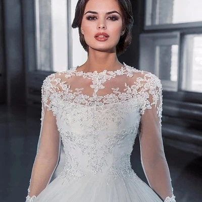 Beaded Lace Wedding Dresses Arab Style Long Sleeves Chapel Train Bride Gowns - Image 1 of 4