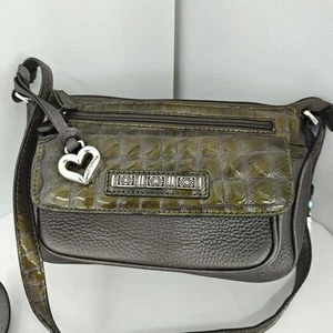 Vintage Brighton Crossbody Organizer Handtasche Krokoleder grün zinngrau - Bild 1 von 16