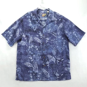 Caribbean Shirt Mens Medium Blue Silk Hawaiian Floral Button Up Aloha Vacation - Picture 1 of 10