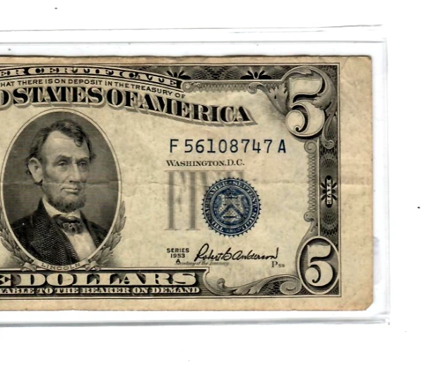 $5 (DOWNSHIFT/MISCUT ERROR) "1953" $5 (SEAL DOWNSHIFT/MISCUT ERROR) 1953 RARE!! - Image 1 of 4