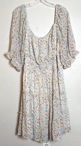 TRIXXI Peasant Neckline 3X Tiered Short White Floral Print Dress On/Off Shoulder - Picture 1 of 4