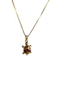 14kt Gold Turtle Pendant Necklace VG Mark Orange Yellow Enamel Detail Vintage - Picture 1 of 10