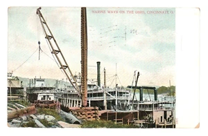 c.1906 Riverboat Steamship Docked Cincinnati Ohio River Postcard Marine Ways VTG - Imagen 1 de 2