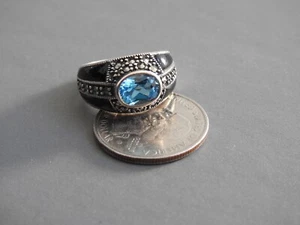 STERLING SILVER RING BLUE TOPAZ BLACK ENAMEL MARCASITES Thailand 7 - Picture 1 of 8