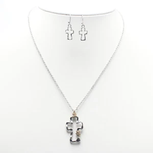 CROSS Religious Burnish Silvertone Hammered 2 Tone Wire Wrapped Necklace Set - Picture 1 of 1
