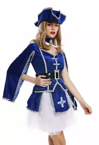 Costume Femme Carnaval Baroque Soldat Mousquetaire Noble Chapeau Bleu M W-0284 - Photo 1/6