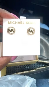 Michael Kors Womens MK Logo Round Plaque Earrings Pave Crystals, With Pouch - Picture 1 of 6