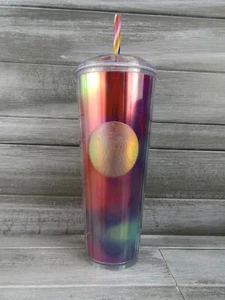 Starbucks Cold Plastic Tumbler 24 OZ mit Strohhalm Rainbow Aurora Borealis Kuppeldeckel - Bild 1 von 15