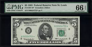 1963 $5 Federal Reserve Note St. Louis - Star Note - FR.1967-H* PMG 66 EPQ - Picture 1 of 2