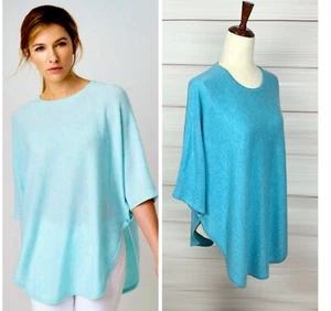 Kinross Cashmere Dolman Oversized Sweater Poncho Aqua Blue Side Buttons M - Picture 1 of 12