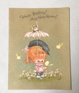 Vtg Unused MCM Happy Birthday Cute Greeting Card Girl Bird Umbrella 937A - Picture 1 of 2