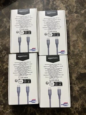 Amazon Basics Aluminum Braided 100W USB-C To USB-C 2.0 Cable 3Ft (Pack of 4) - Image 1 of 3