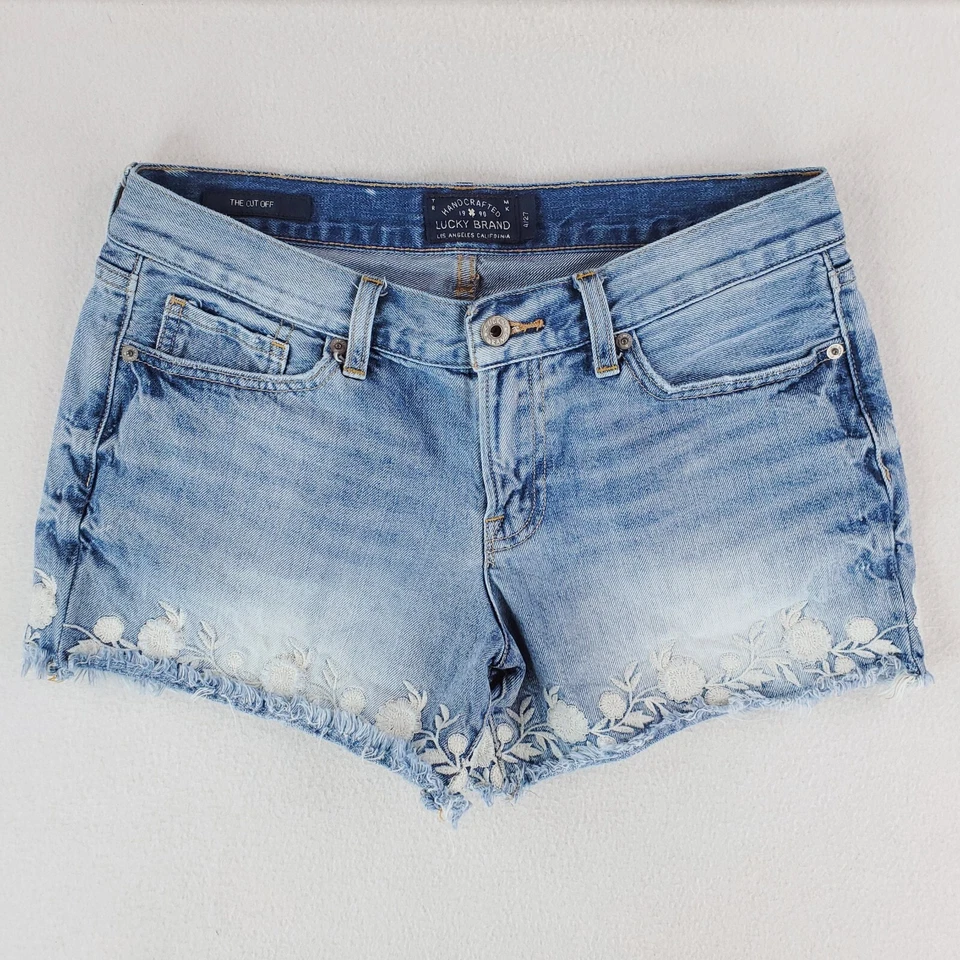 Lucky Brand Shorts Womens 4 Blue Cut Off Jean Floral Hem Stretch Denim Y2K 3" - Image 1 of 4
