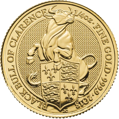Reino Unido 2018 25 libras 1/4 oz oro Queen's Beast The Black Bull of Clarence Foto 1 de 2