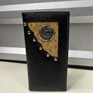 Western Long Wallet Mens Black Brown Stud Texas Star Concho Ostrich Pattern - Picture 1 of 10