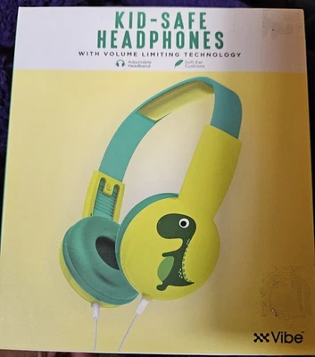 Auriculares Vibe Kids amarillo azulado y verde dinosaurio tecnología limitadora de volumen nuevos Foto 1 de 2