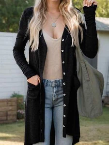 Women's Long Cardigans Button Down High Low Knit Loose Cardigans with Pockets - Picture 1 of 11