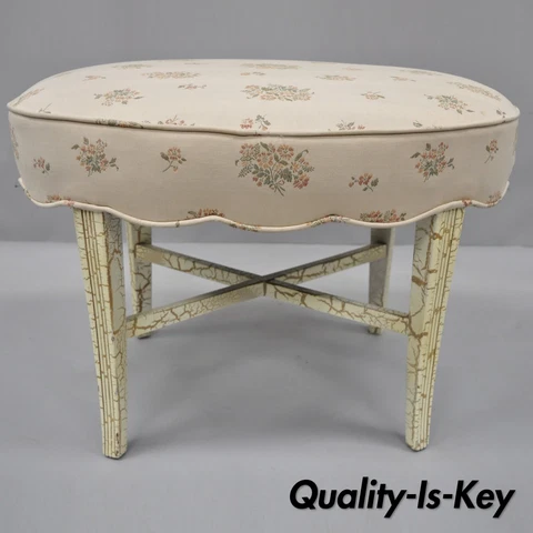 French Victorian Style White Distress Painted Accent Oval Vanity Bench Seat Cover