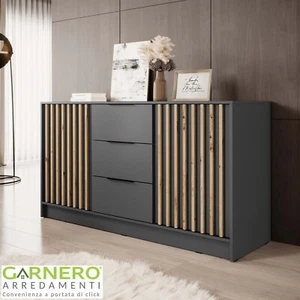 Comò camera design moderno 3 cassetti 2 ante 155x86cm antracite quercia MILLER - Foto 1 di 4