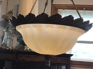 Vintage Glass Shade Hanging Light Fixture Pendant Lamp Chandelier 21" Wide - Picture 1 of 12