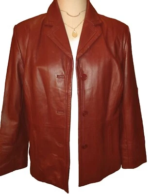 Chaqueta de cuero genuino roja con cuello abotonado de Prescott Moore talla L para mujer Foto 1 de 4