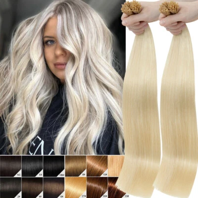 White 200pcs I-Tip Stick Tip Hair REAL Human Hair Extensions Micro Ring Bead 18" - Image 1 of 4