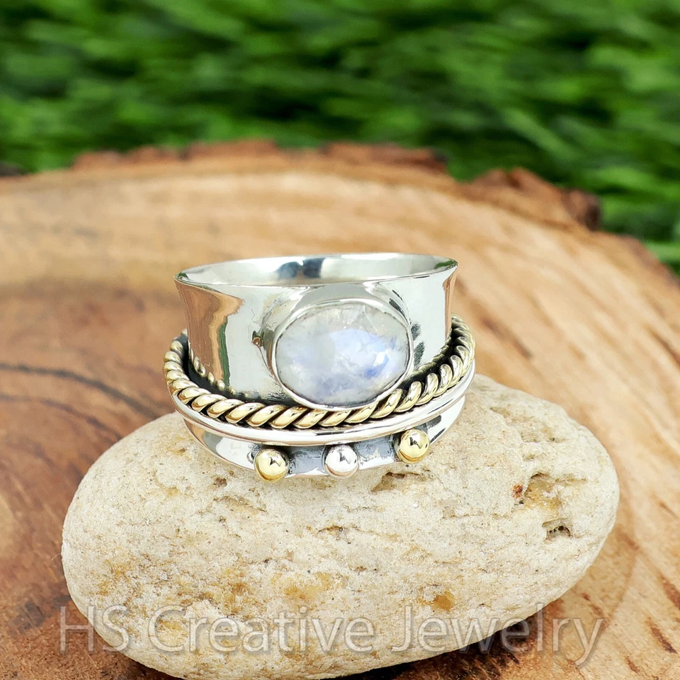 Dos Tonos - Piedra Lunar Facetada 925 Plata Esterlina Anillo Giratorio Joyería para Mujer Foto 1 de 4
