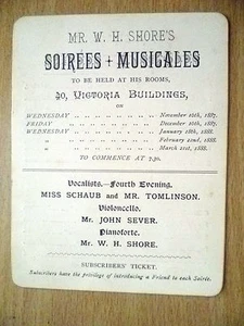 CONCERT 1887-W. H. SHORE'S SOIREES MUSICALES- SCHAUB,TOMLINSON,J SEVER(SUP RARE) - Imagen 1 de 2
