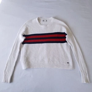 Hollister Womens White Oversized Pullover Sweater Blue Red Stripe Panel Size XS - Picture 1 of 6