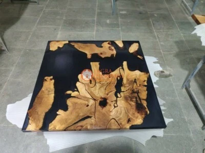 Epoxy Resin Coffee Top Table Acacia Wooden Black River Dining Desk Patio Decors - Image 1 of 4