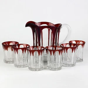 Tarentum Puritan Ruby Stained Pitcher & 6 Tumblers Set, Antique c1911 EAPG, Rare - Picture 1 of 15