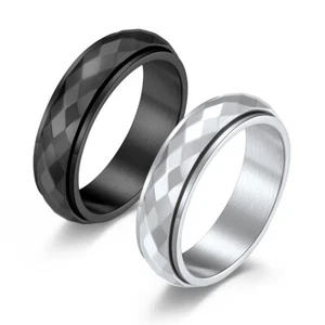 Polished Multi Diamond Faced Weeding Band Men Women Titanium Spinning Pinky Ring - Picture 1 of 11