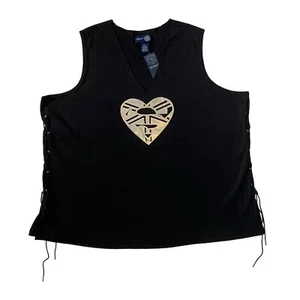 NWT Venezia Top Womens 26/28 Black Tank Heart Medallion Lace-Up Sides Grunge - Picture 1 of 9