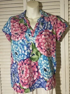 Caribbean Joe V-Neck Polo Colorful Flowers Print Cap Sleeve Women’s Medium - Picture 1 of 5