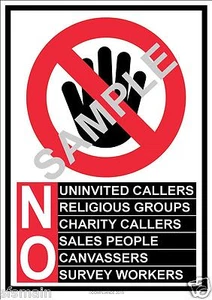 LAMINATED DOOR SIGNS-NO COLD CALLERS CHARITY RELIGIOUS SALES SURVEYS CANVASSING - Picture 1 of 8