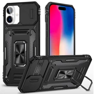 For iPhone 16 6.1inch Case Slide Lens Cover Magnetic Ring Stand + Tempered Glass - Picture 1 of 24