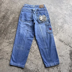 Vintage 90s Y2K JNCO Embroidered Baggy Denim Jeans Mens Size 28x27 Blue Skater - Picture 1 of 9