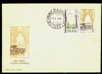 1966 Radio antenna,Airplane,Post coach,Brancusi Endless column,Romania,2552,FDC - Image 1 of 2