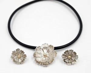 Designer Joseph Esposito Sterling 14k 3D Flowers Necklace + Earrings Set 90s - Picture 1 of 10