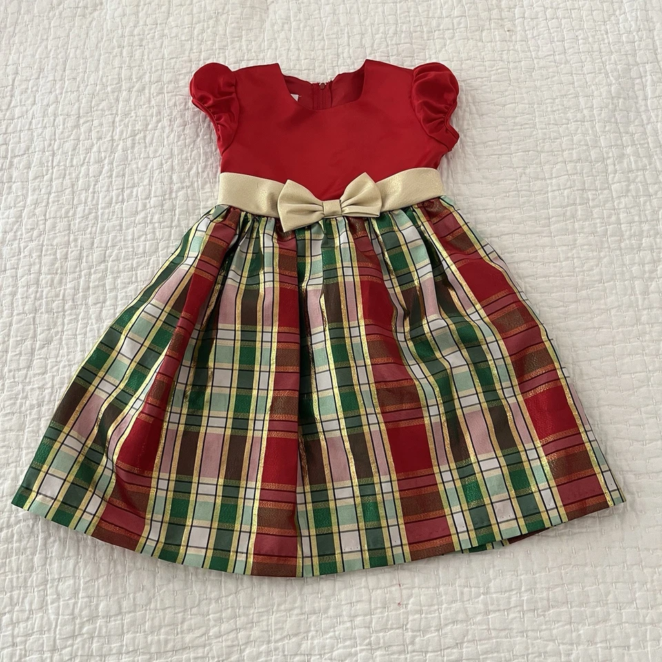 Vestido Bonnie Jean Navidad Vacaciones Niñas 6 Rojo Verde Dorado Cuadros Lazo Fiesta Completo Foto 1 de 4