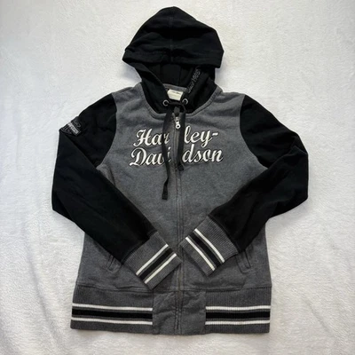 Harley Davidson Jacket Womens M Gray Black Embroidered Zip Hooded Varsity Style - Image 1 of 4