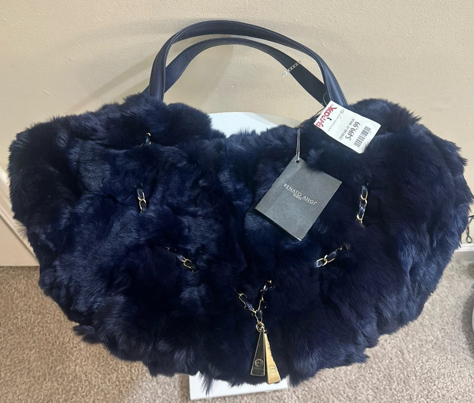 $499.99 Bolso de Hombro Bolso de Hombro Bolso de Piel de Conejo Azul Marino RENATO ANGI Venezia Nuevo con Etiquetas Foto 1 de 4