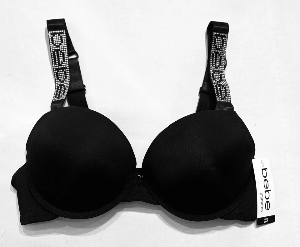 BEBE Push Bra 带 bebe 闪耀水钻设计表带 34B,34C,36B,36C,38C,黑色 — 第 1/4 张图片