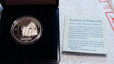 1985 Mexico 500 Peso Silver Proof Scarcer issue Box & coa - Image 1 of 3
