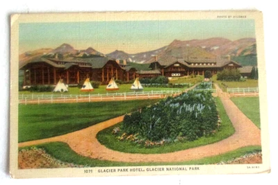 Postal de lino vintage de los años 40 del hotel Glacier Park, Glacier Nat’l Park Foto 1 de 2