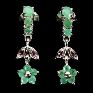 925 Sterling Silver Earrings Round Emerald Rhodolite Garnet Gemstone Jewelry - Picture 1 of 14