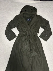 Langer Trenchcoat London Fog Damen grün Wildlederstruktur mit Kapuze - Bild 1 von 11