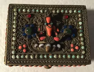 Tibetan Jewel Encrusted Gilt Box Sitting Buddha on the Cover Gold Washed Antique - Picture 1 of 8